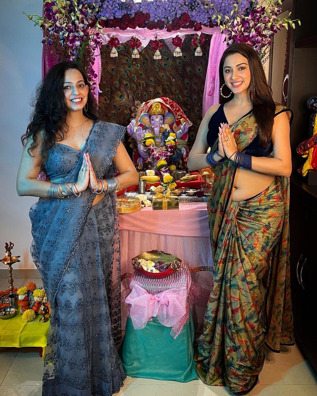 Eshanya Maheshwari's Floral Saree with Navy Blue Velvet Blouse for Ganesh Chaturthi