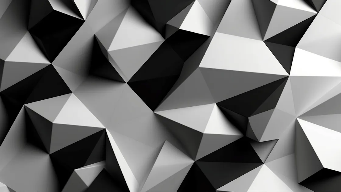A dynamic array of black, white, and grey polygons, creating a bold and modern 3D effect for a striking abstract wallpaper.