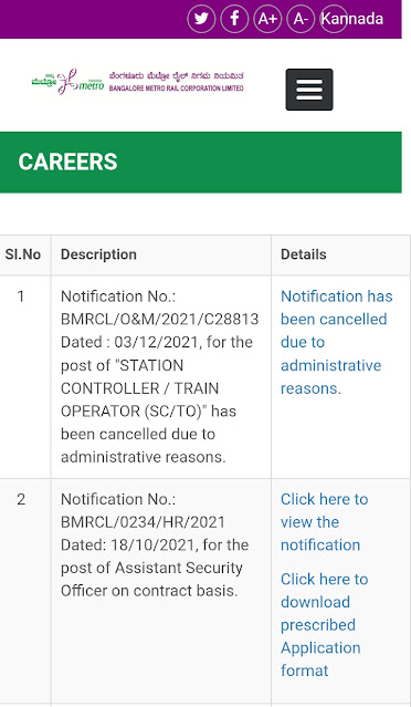 BMRCL "STATION CONTROLLER / TRAIN OPERATOR (SC/TO)" has been cancelled due to administrative reasons