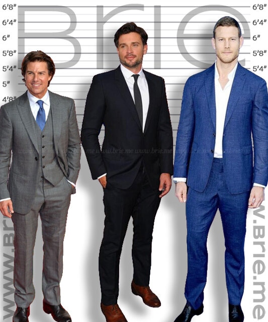 Tom Welling standing with Tom Cruise and Tom Hopper in front of a height chart background