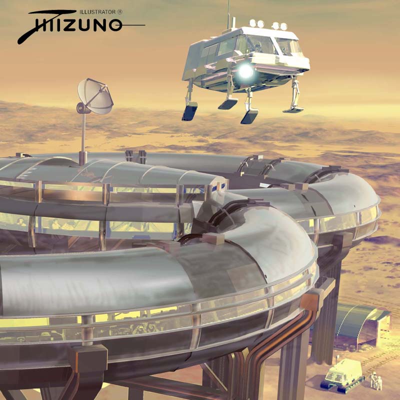 Shuttle landing at Mars base by Tetsuya Mizuno