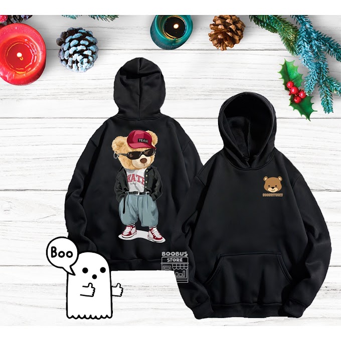 [ boobustores ] Áo hoodie đẹp, Áo hoodie mũ in hình gấu ngộ nghĩnh, đáng yêu, phong cách màu đen Size M-2XL