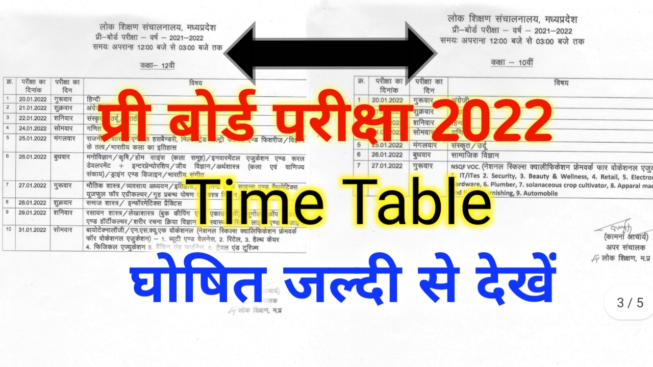 MP board प्री बोर्ड परीक्षा टाइम टेबल 2022 PDF Download {10th &12th}