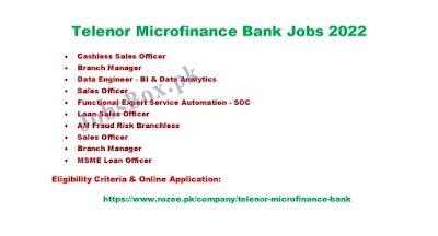 Telenor Microfinance Bank Jobs 2022 in all Pakistan || Private Compney jobs 2022