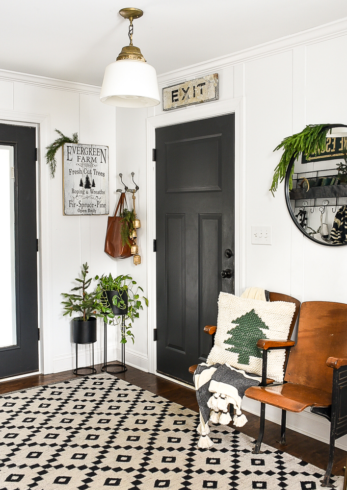 Neutral decorated Christmas mudroom