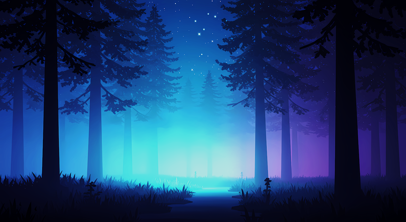 Download 4K mystical blue forest night scene wallpaper, featuring a dark forest with tall trees and a glowing blue light source emanating from the center, creating an ethereal and mysterious atmosphere.