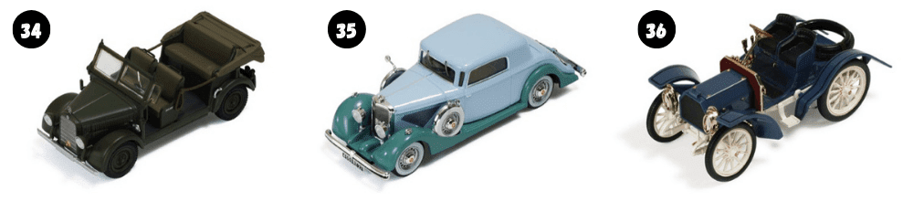 mercedes-benz 200v g5 w152 1:43, panhard 6cs faut-cabriolet 1:43, mercedes simplex 40 ps 1:43, coleccion ixo museum