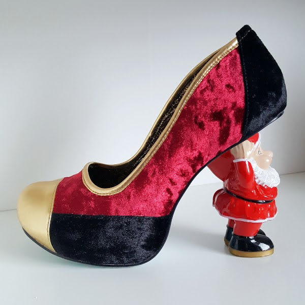 Irregular Choice crushed velvet shoe with gold metallic toe and Santa shaped heel