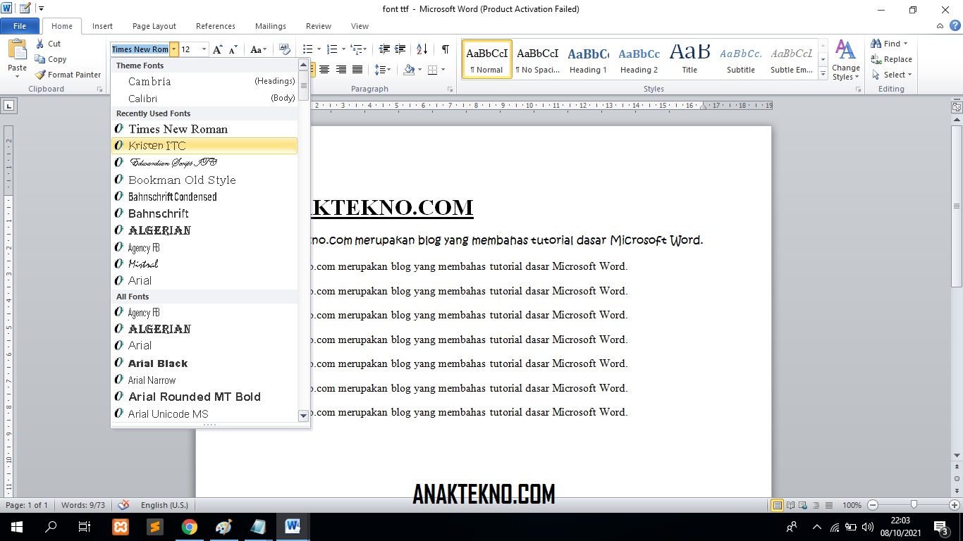 Mengganti jenis font di Ms Word