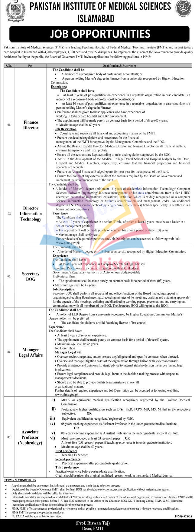 Pakistan Institute of Medical Sciences PIMS Jobs 2022 - FMTI Career