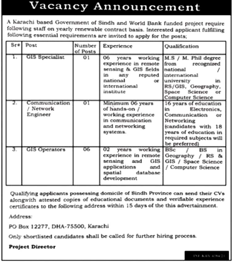 Sindh Government Latest  jobs 2021 P.O Box No. 12277 GPO