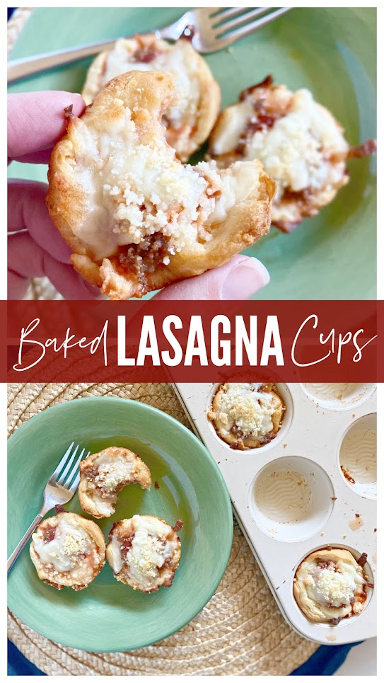 Collage of hand holding a lasagna cups next to a muffin tin