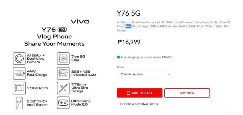 The listing at the official vivo PH website