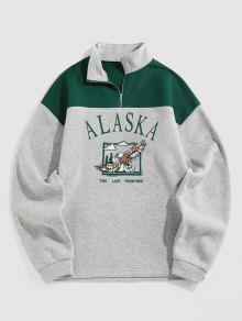 ALASKA Graphic Eagle Printed Colorblock Fleece Sweatshirt - Light Gray