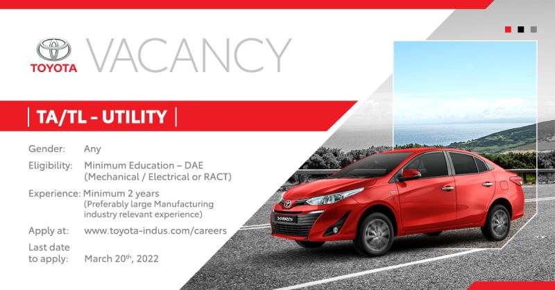 Toyota Indus Motor🛵 Company Ltd Jobs TA/TL - Utility