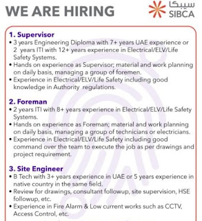 Sibca Electronic Equipment Company Limited Abu Dhabi, UAE Recruitment ITI, Diploma & B Tech Candidates For Supervisor, Foreman & Site Engineer Post