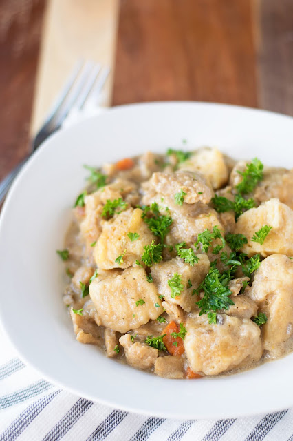 A bowl of the finished Simple Crockpot Vegan Chicken and Dumplings Recipe