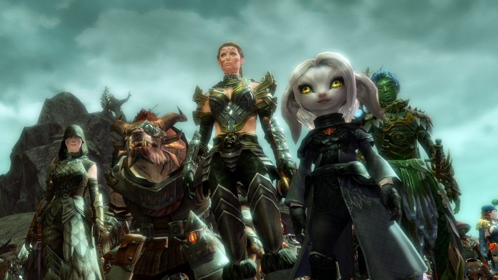 The races from left to right: Human, Charr, Norn, Asura and Sylvari.