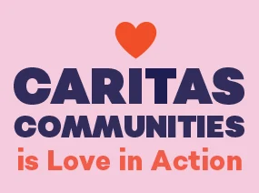 Caritas Communities is love in action in pink with red heart
