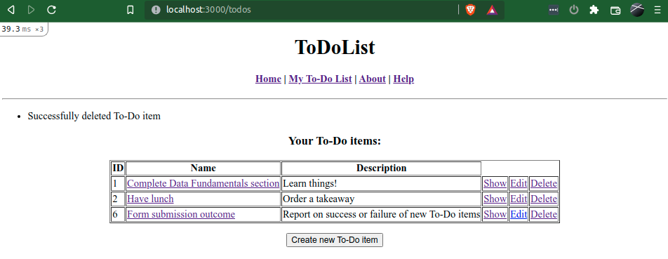 ToDoList index view with delete success notification