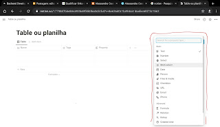 Tipos de uma Propriedade numa planilhano Notion