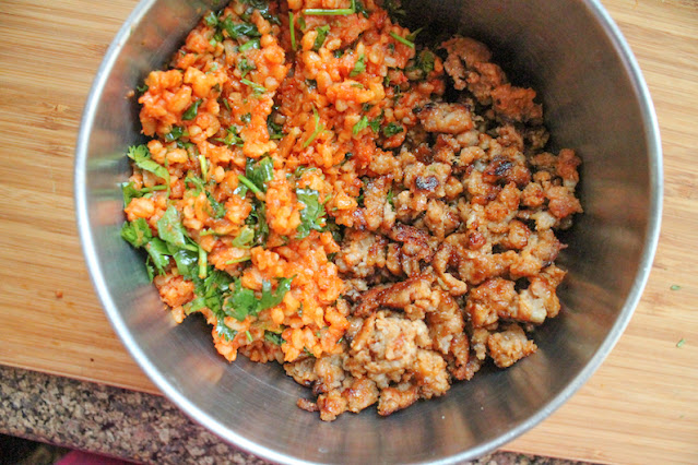 Mix the balance of the stuffing with the browned Italian sausage crumbles.