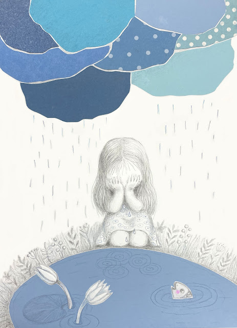 Illustration pencil drawing collage mixed media sadness blue color clouds water lily fish plants rain pliiatsijoonistus segatehnika