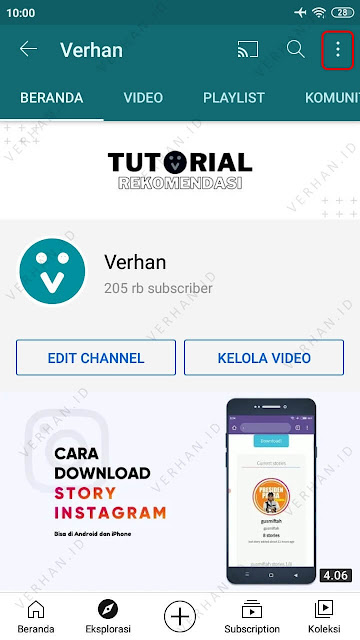 buka menu opsi channel youtube