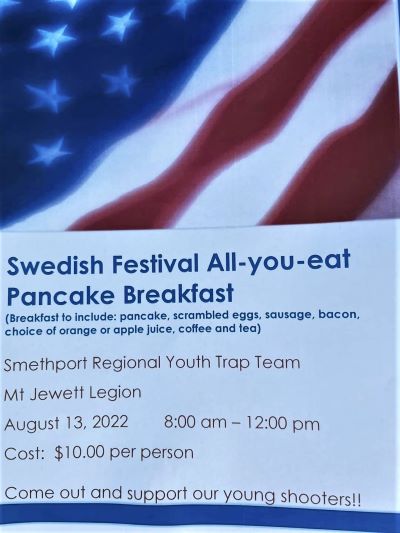 8-13 All You Can Eat Pancake Breakfast, Mt.Jewett Lrgion