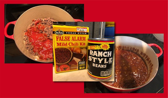 Beef and tomato sauce, Wick Fowler’s chili kit, and Ranch Style beans make tasty chili.