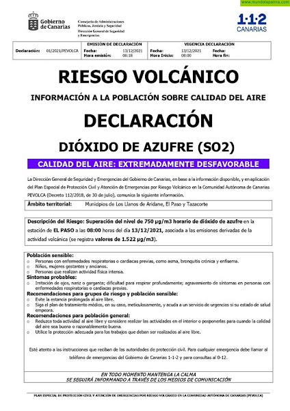 El PEVOLCA ordena el confinamiento en Los Llanos de Aridane, El Paso y Tazacorte y se cierran los accesos a las zonas evacuadas