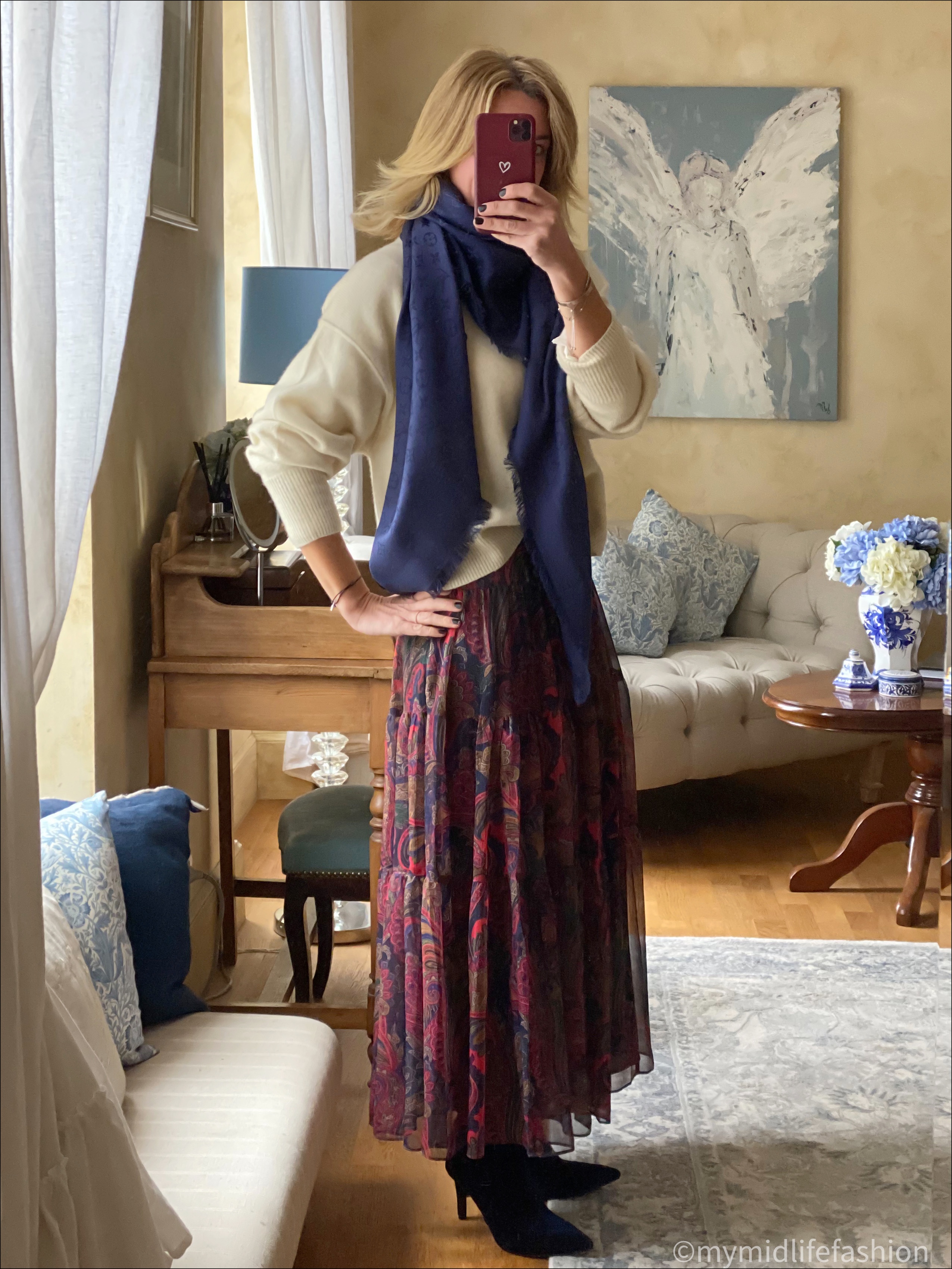 my midlife fashion, Louis Vuitton monogrammed scarf, h and m cashmere jumper, Ralph Lauren paisley tiered maxi skirt, marks and Spencer stiletto heel ankle boots