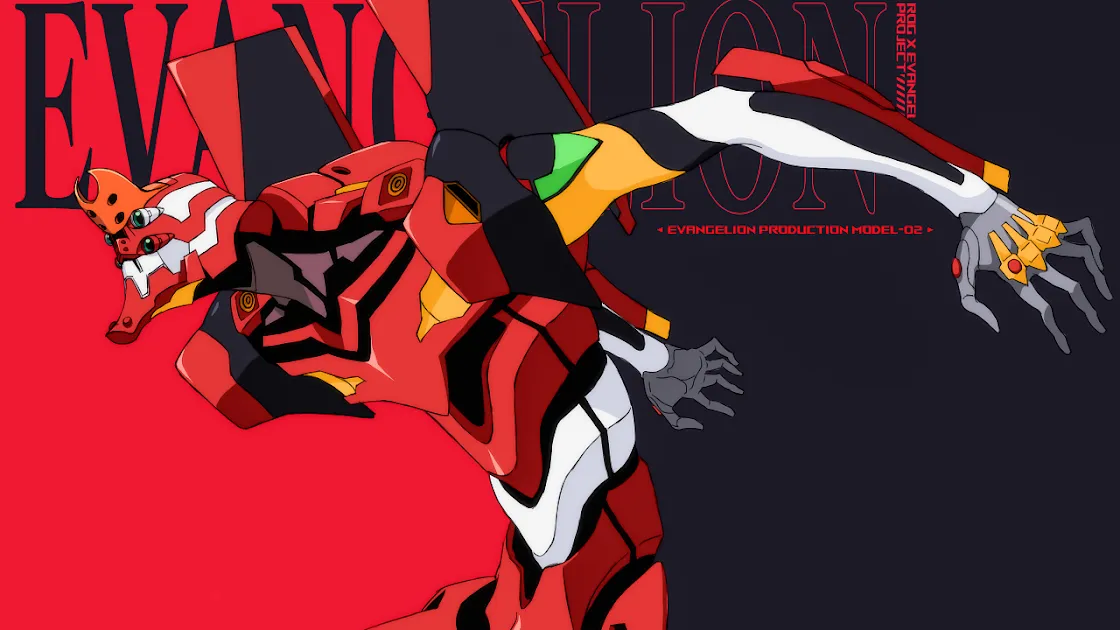 Dynamic 4K wallpaper featuring Evangelion Unit-02 in action pose with bold red and black colors against a stylized text background