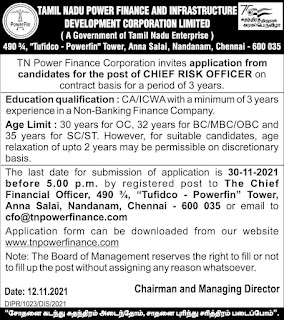 TN Power Finance Recruitment 2021 Chief Risk Officer Posts