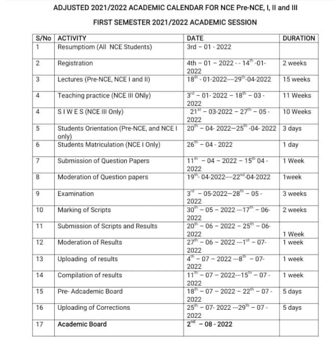 FCET Gombe Academic Calendar 2021/2022 [UPDATED]