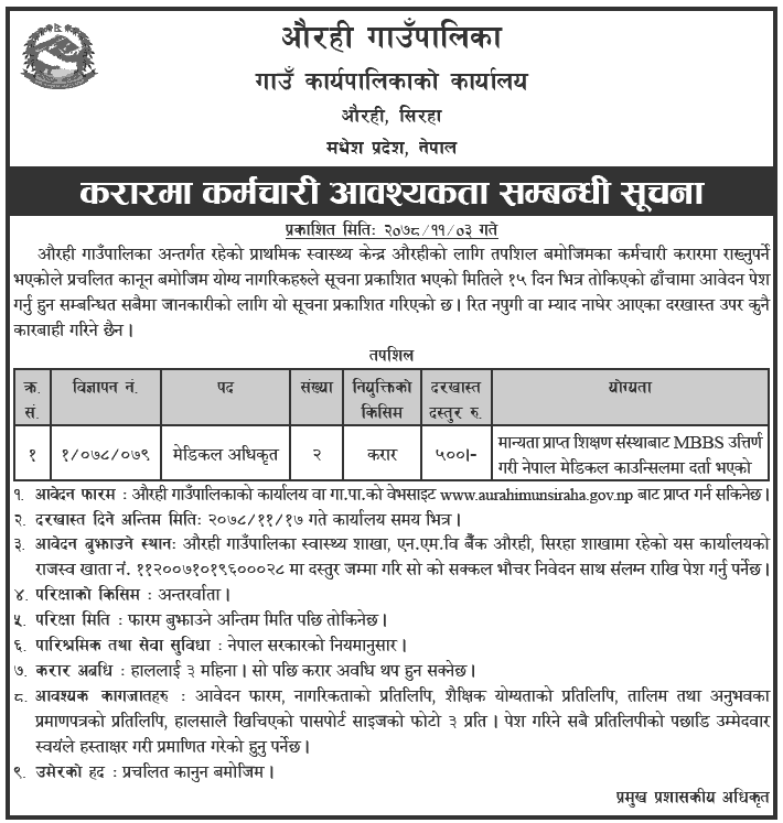 Aurahi Rural Municipality Vacancy for Medical Officer