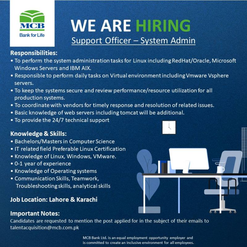 Muslim Commercial Bank Ltd Jobs 2022-Support Officer-System Admin