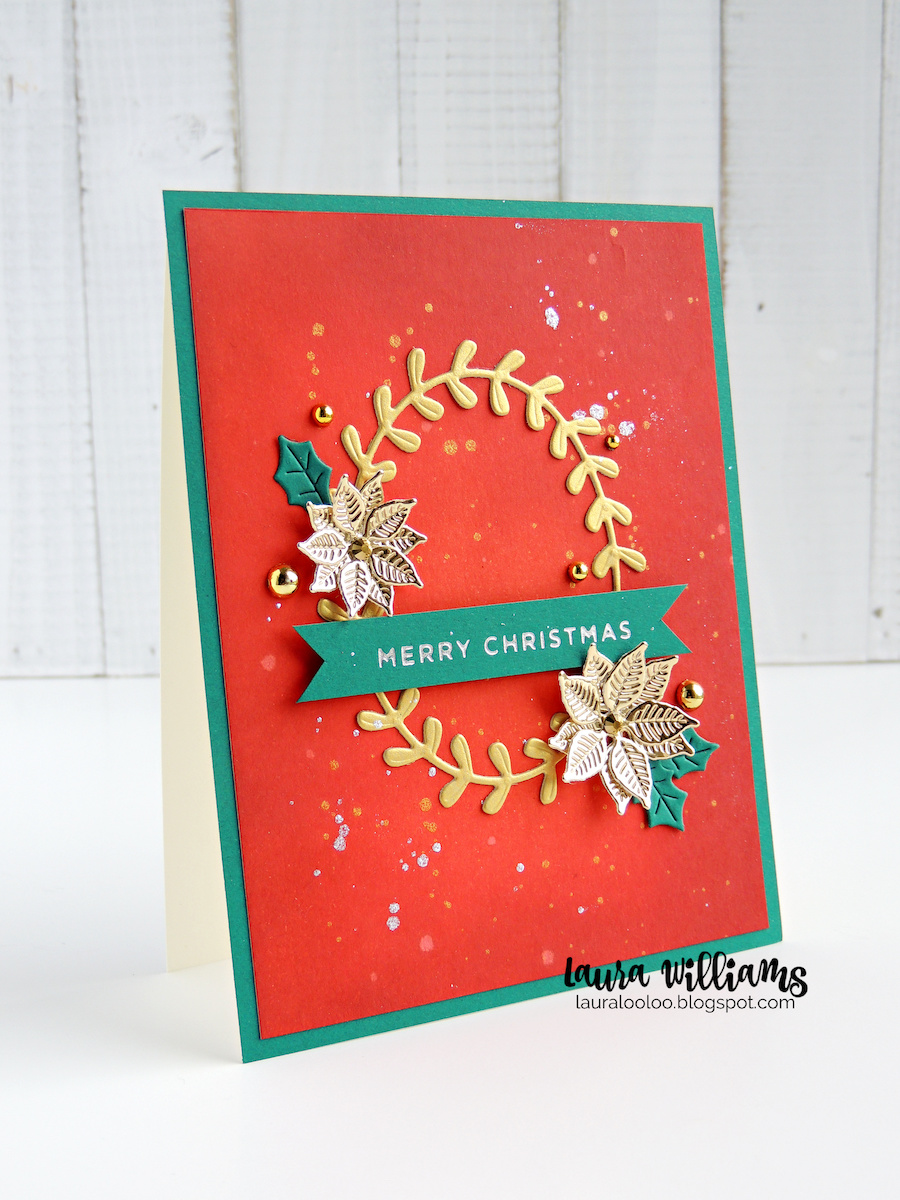 This idea for a handmade Christmas card is bold and elegant with rich reds and greens. Simple die cutting, and a sentiment is all it takes to create this Christmas card idea. You could create this look on a variety of backgrounds. You could ink any color you like, stamp a background, create a Gel Press print or even just use a piece of red cardstock. This card can be as simple or detailed as you want. Think about how you can take this idea and make it your own!   TIP: You could even change up the colors, sentiment, and add some spring blooms instead of poinsettia to make it a fresh springtime card with the very same layout.)