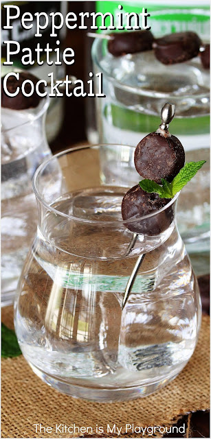 Peppermint Pattie Cocktail ~ Make this super easy chocolate-minty deliciousness with just 2 ingredients. An adorable mini peppermint pattie garnish sure adds to this tasty cocktail's fun.  Enjoy sipping on one as an after-dinner, St. Patrick's Day, or any day treat!  www.thekitchenismyplayground.com