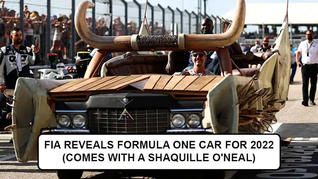A novelty bullhorn cowboy car with Shaquille O'Neal in the back with the caption "FIA REVEALS FORMULA ONE CAR FOR 2022 (COMES WITH A SHAQUILLE O'NEAL)"