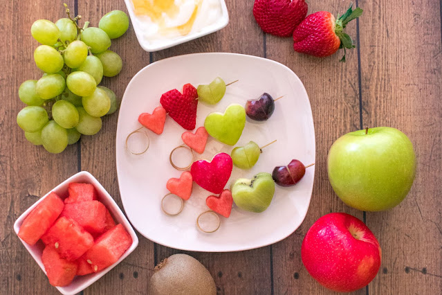 Easy Heart Shaped Valentine's Day Fruit Skewers With Yogurt Dip