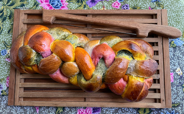 Food Lust People Love: This natural rainbow challah is colored with spices, fruit and vegetables for a bright and festive look without artificial dyes. It would make a beautiful addition to any party table or weekend brunch..