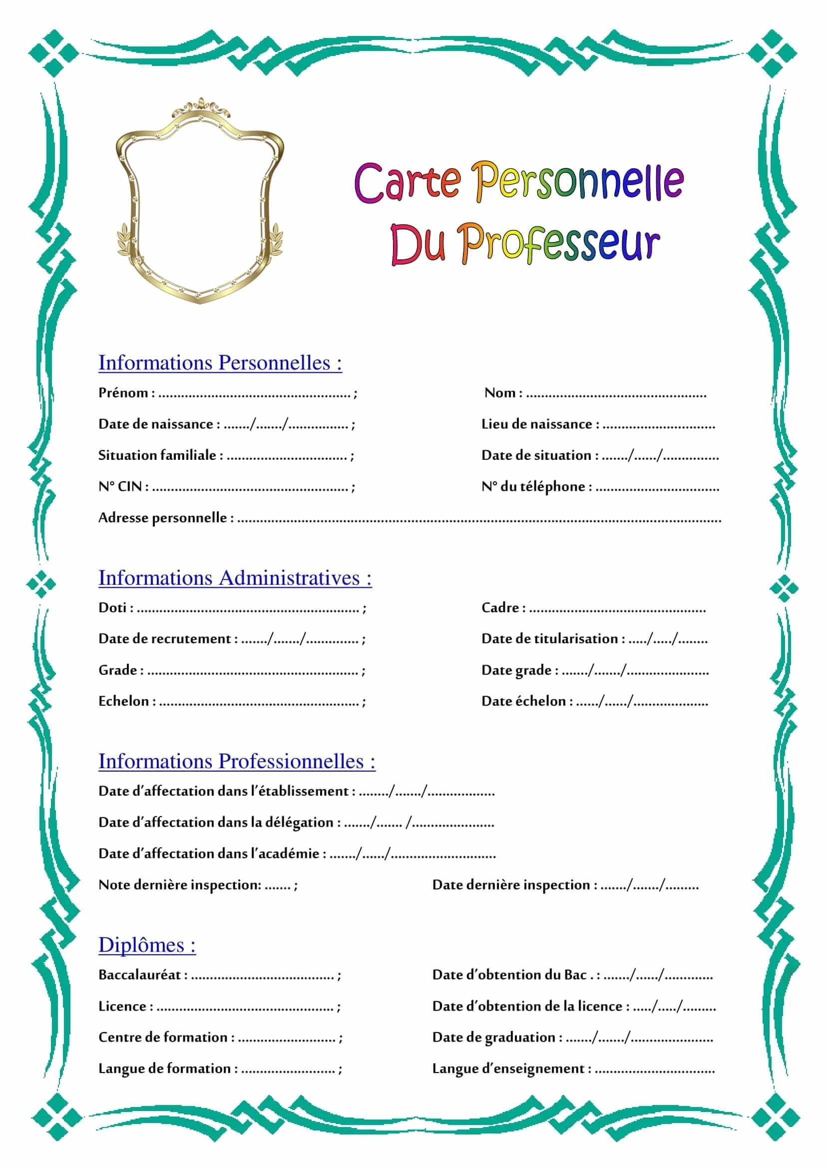 Carte Personnelle du Professeur 2022 2023 pdf