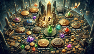 A wide scene depicting various currencies of Necromancer RPG, including gold coins, gems, keys, memory fragments, resurrection tokens, stones of enhancement and awakening, and spirit tokens