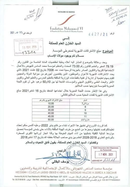 الرفع من مبلغ الاشتراكات لمنخرطي مؤسسة محمد السادس للتربية والتكوين