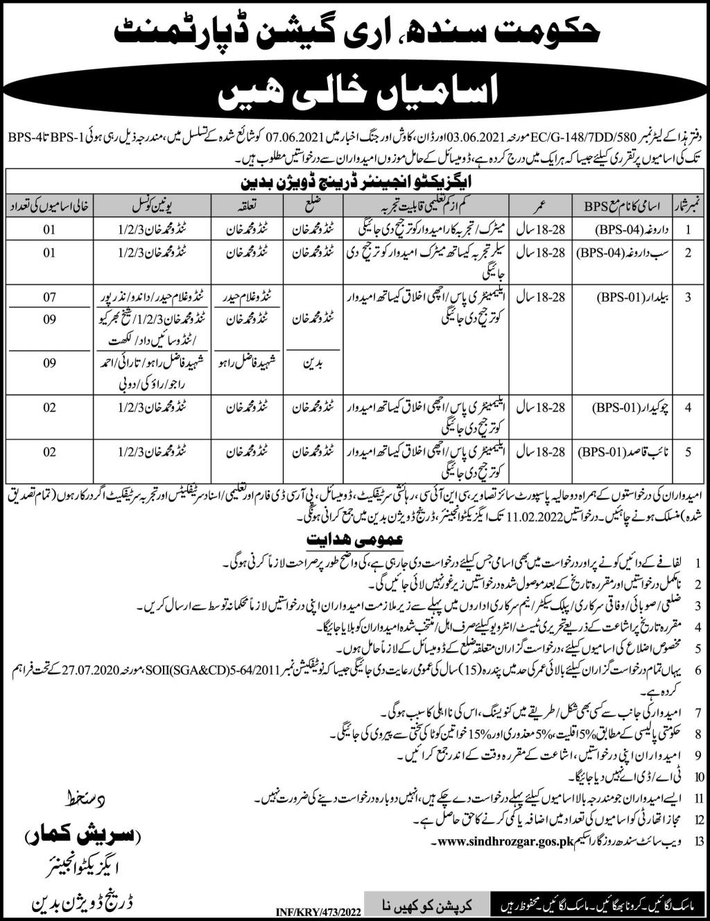 Irrigation Department Sindh Jobs 2022  Advertisements