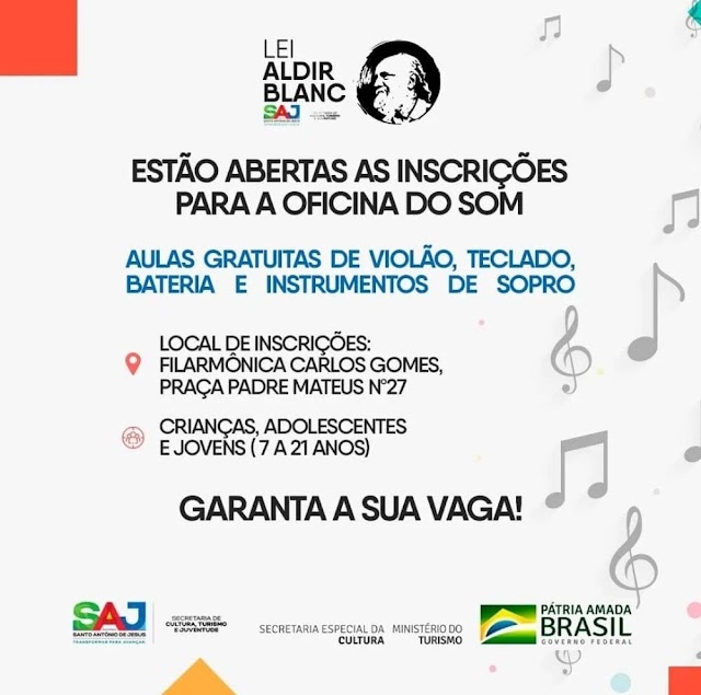 Prefeitura de SAJ divulga a abertura de inscrições para a Oficina do Som com aulas gratuitas