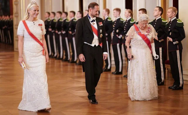 For the Parliament gala dinner, Crown Princess Mette-Marit wore a gown by Emilio Pucci. King Harald and Queen Sonja