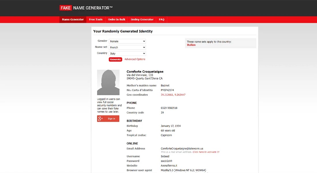 Fake Name Generator site