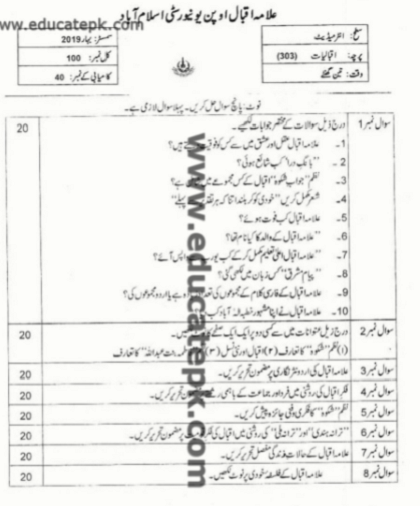 AIOU-FA-Code-303-Iqbaliat-Past-Papers-pdf